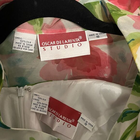 Vtg Oscar de la Renta Studio 100% Silk Shell 2PC Dress Set Floral Duster Size 10 - Picture 3 of 6